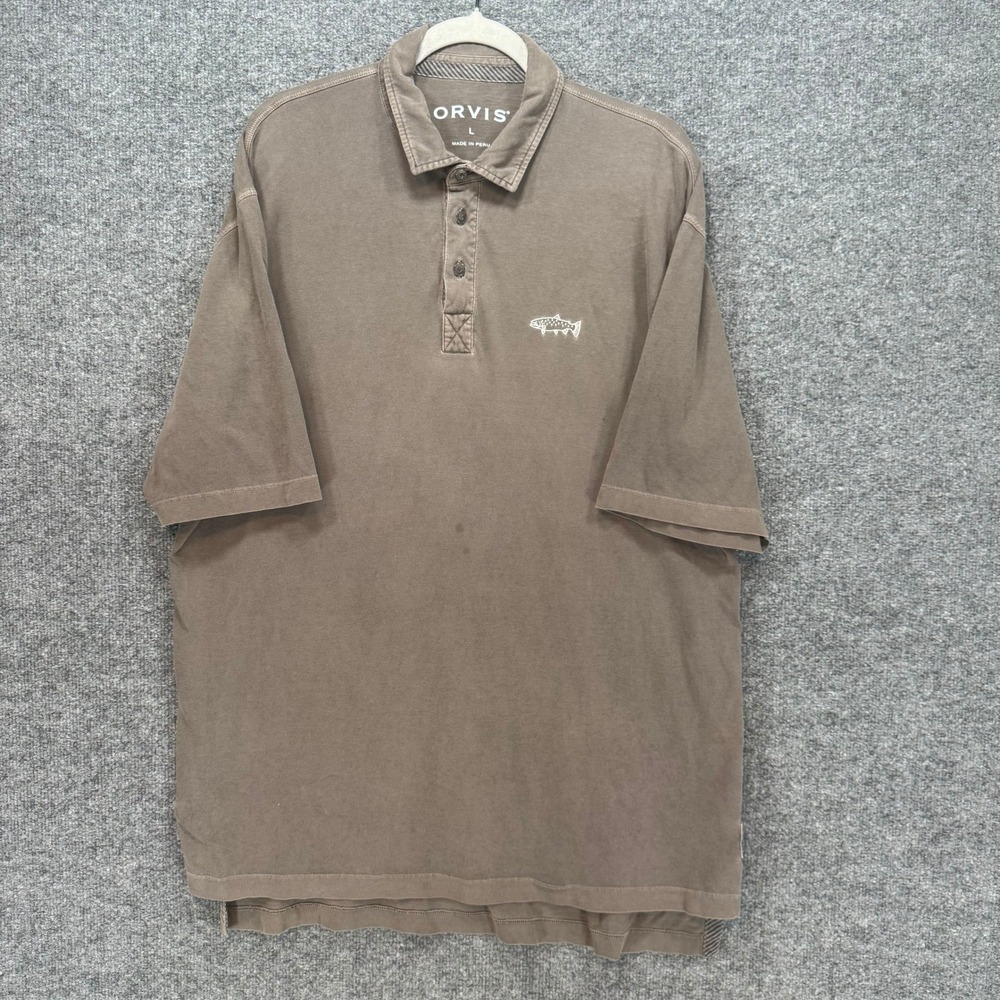 Orvis Polo Shirt Men Large Brown Trout Big Fish Logo Short Sleeve Cotton Classic